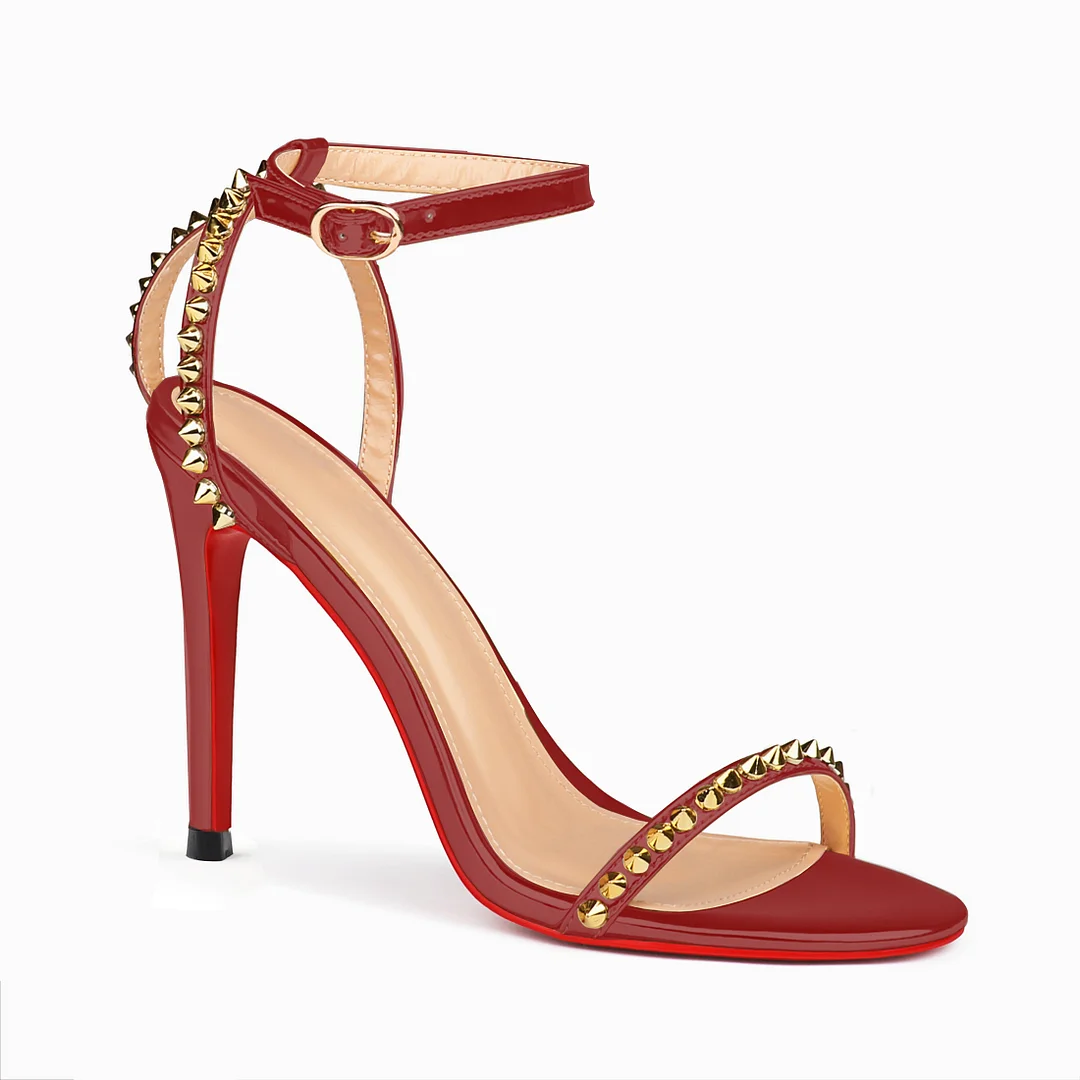 100mm Women's Sandals Stiletto Red Bottom High Heels Open Toe Ankle Strap Rivet Studs Shoes-MERUMOTE