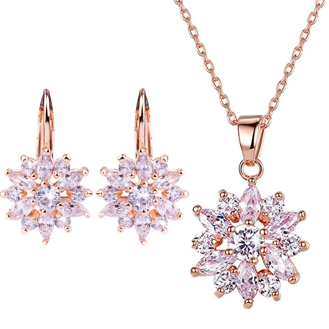 18K Rose Gold Plated Cubic Zirconia Snowflake Lever Back Earrings Necklace Set for Women CZ Jewelry Set