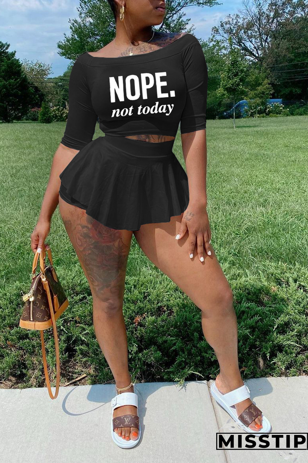 Black Fashion Print Flounce Off the Shoulder Three Quarter Two Pieces