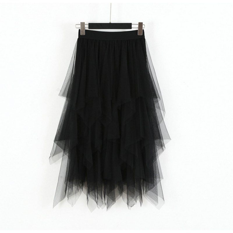 Women's Tulle Skirts Mesh Layered Elastic High Waist Tutu Midi Skirt Pleated Mesh A-Lines Skirt