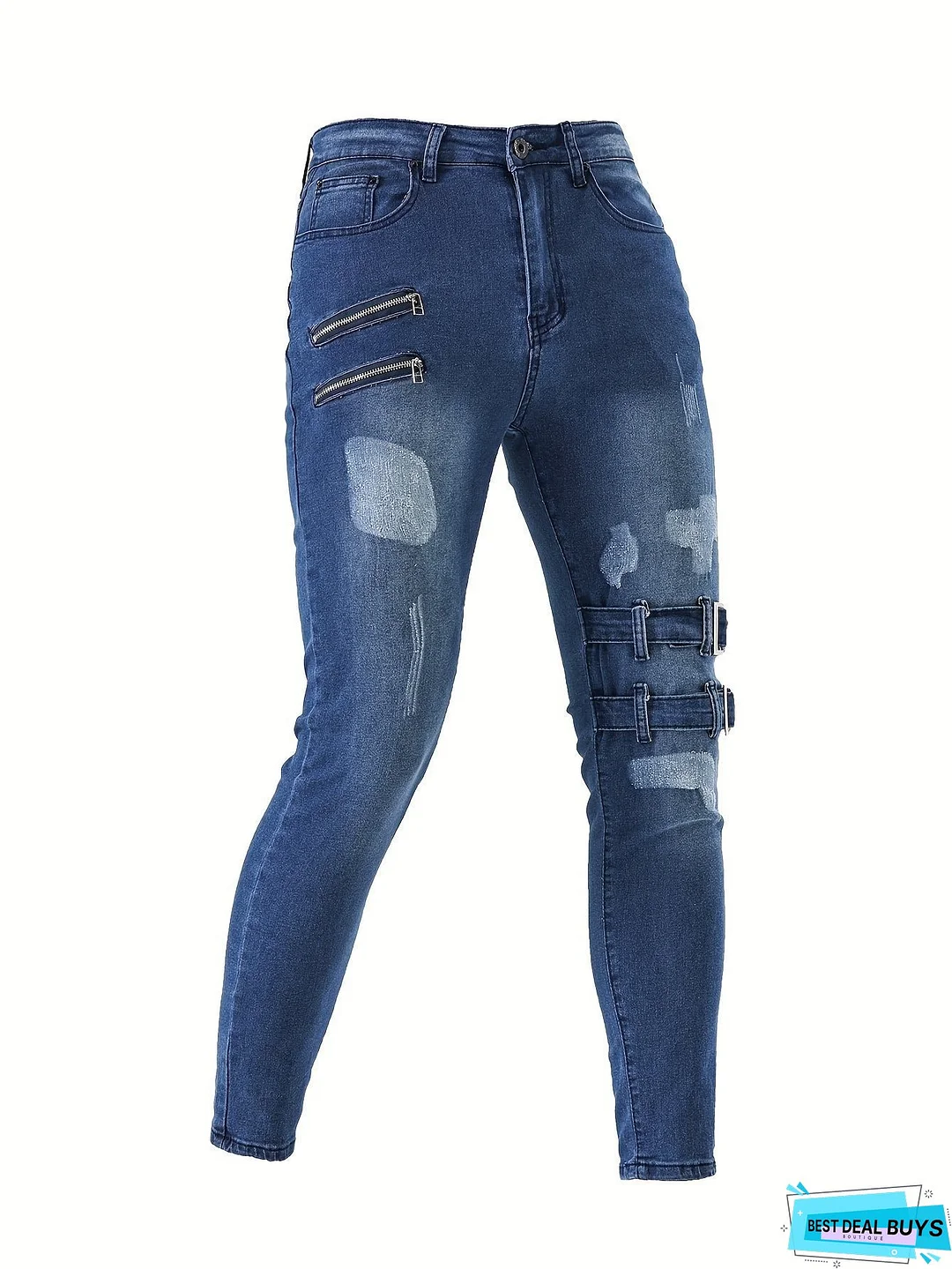 Men's Chic Skinny Biker Jeans, Casual Street Style Medium Stretch Denim Pants