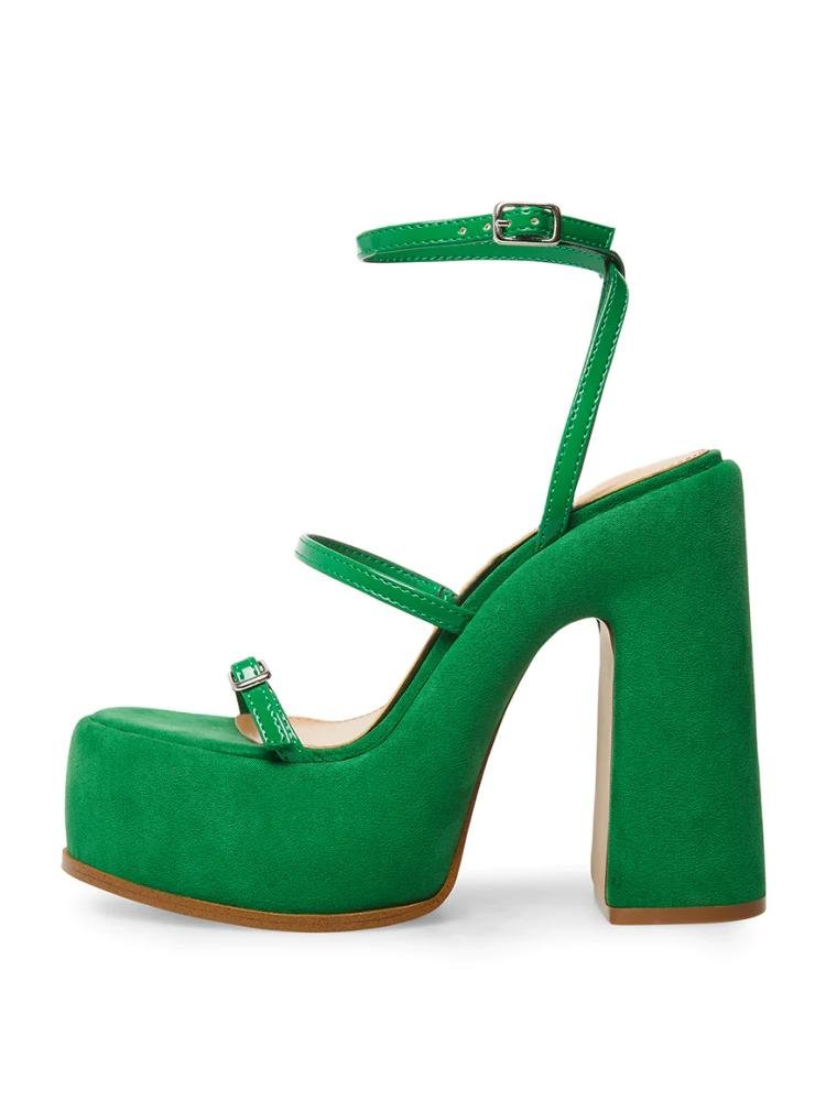 Green Slender Strap Buckle Platform Chunky Heel Sandals