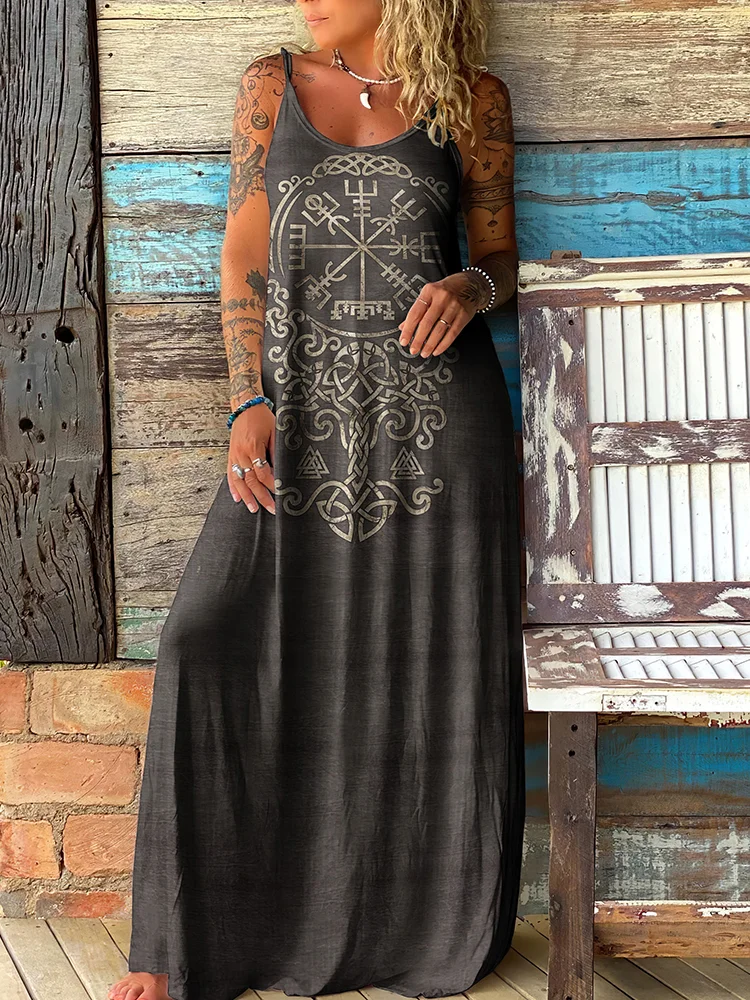 Retro Viking Totem Print Suspender Maxi Dress