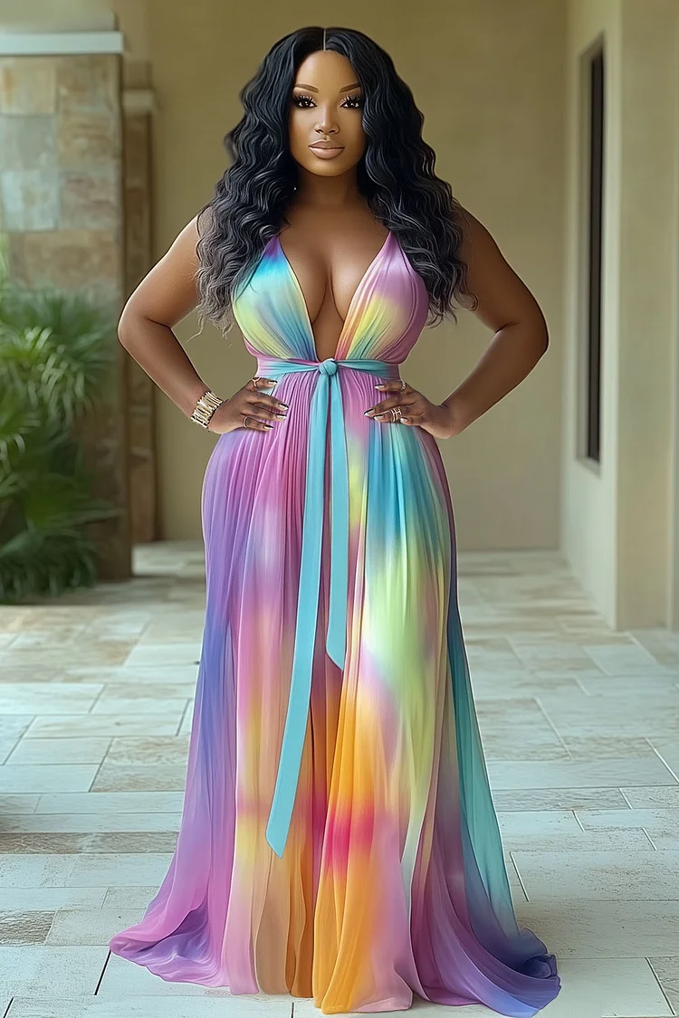 Multicolor Haze Print V Neck Vacation Cami Maxi Dresses-Purple