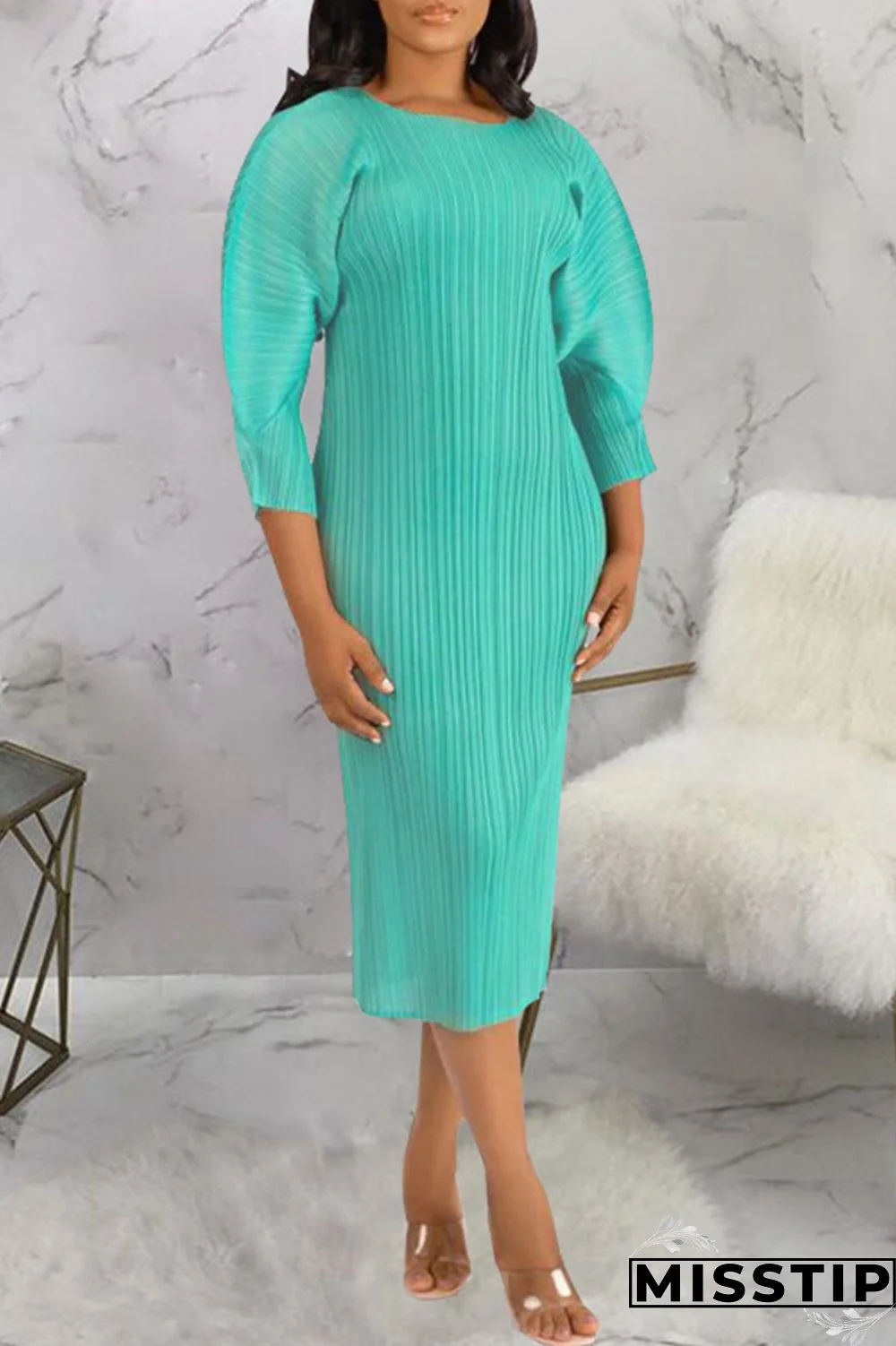 Black Casual Solid Patchwork Fold O Neck Straight Dresses