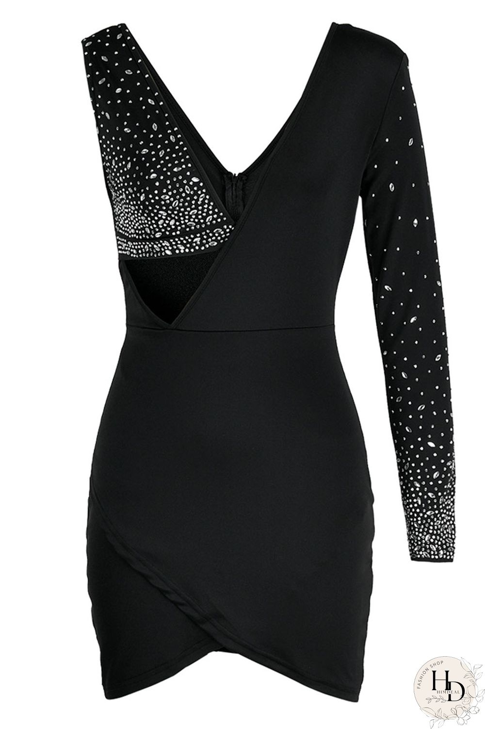 Black Fashion Sexy Patchwork Hot Drilling Hollowed Out Backless V Neck Long Sleeve Dresses