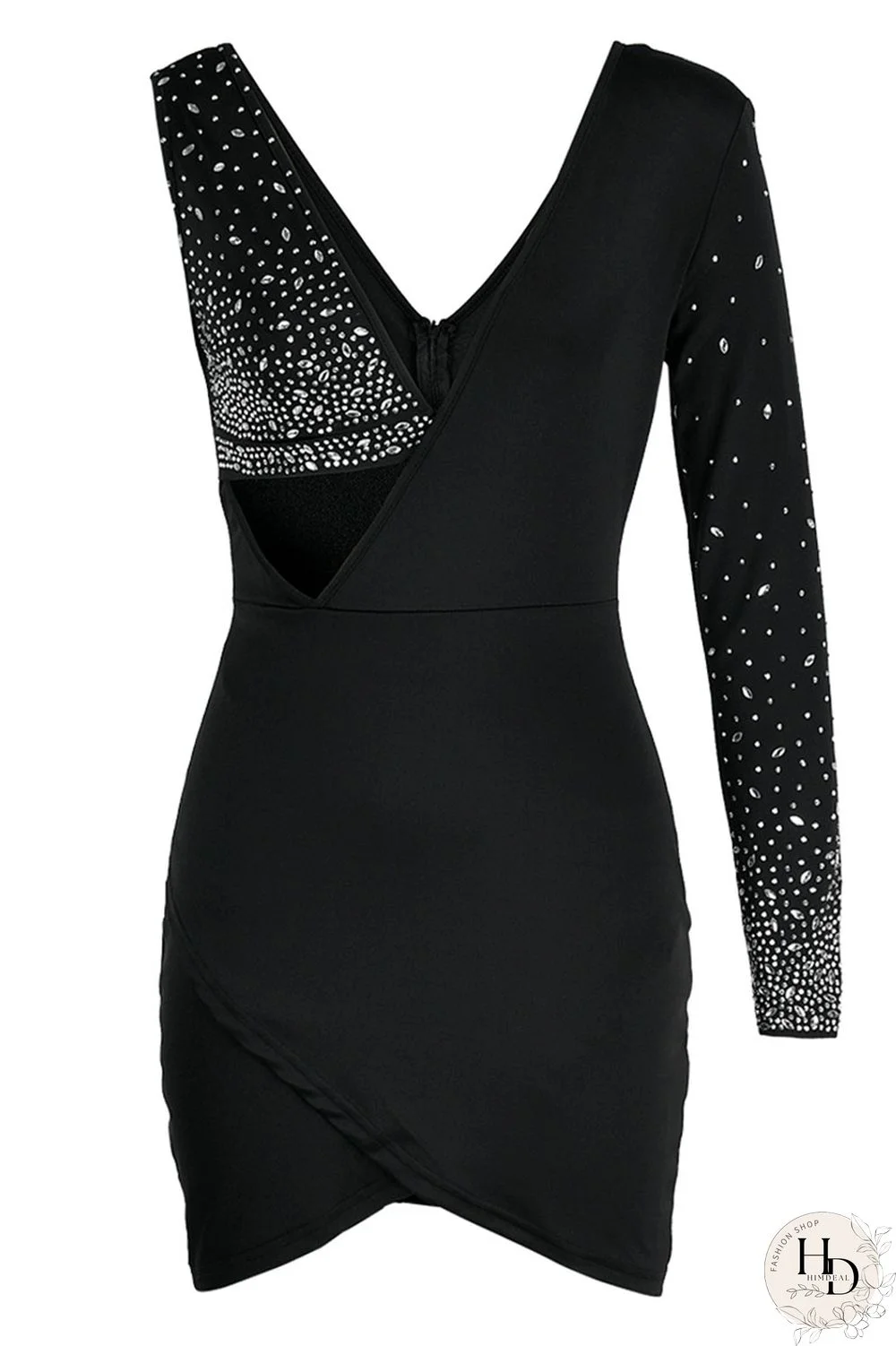 Black Fashion Sexy Patchwork Hot Drilling Hollowed Out Backless V Neck Long Sleeve Dresses