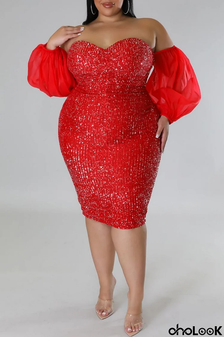 Sexy Formal Patchwork Sequins Backless Off the Shoulder Wrapped Skirt Plus Size Dresses