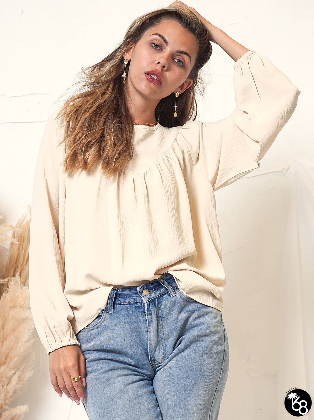 Round Neck Gathered Blouse | 168DEAL