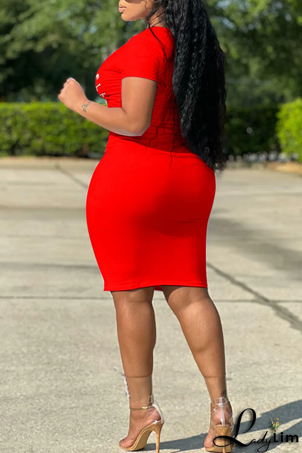 Tangerine Red Fashion Print Patchwork V Neck Pencil Skirt Dresses