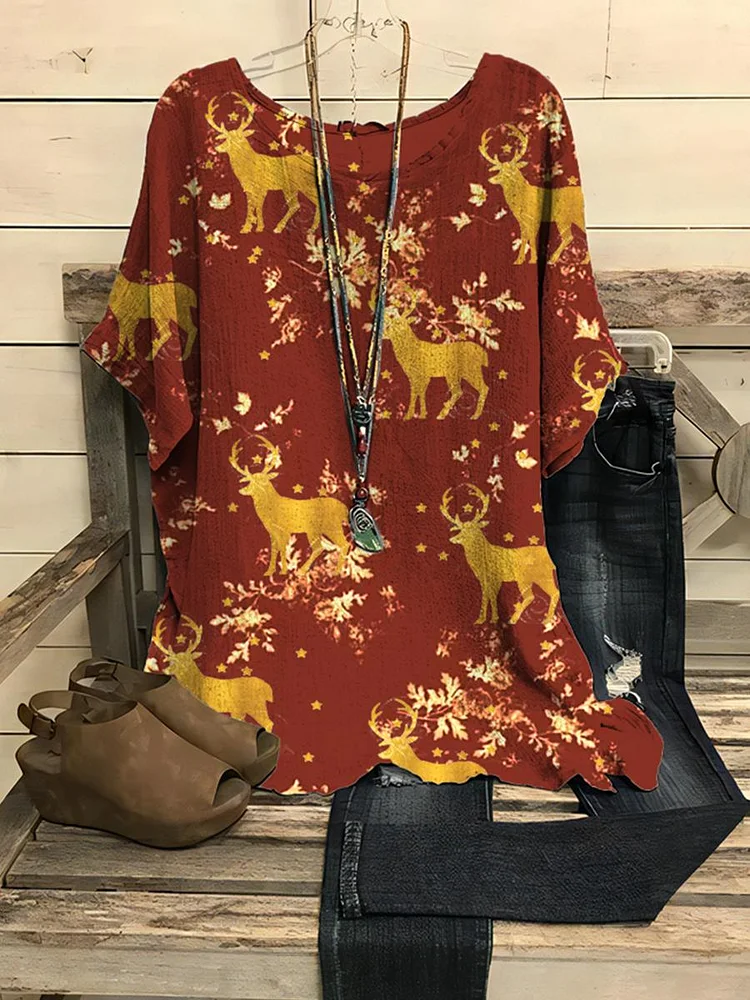 Women's Christmas Elk Art Printed Casual Half Sleeved Top