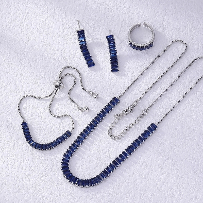 304 Stainless Steel Copper Rhodium Plated Minimalist Shiny Inlay Geometric Rectangle Zircon Rings Earrings Necklace