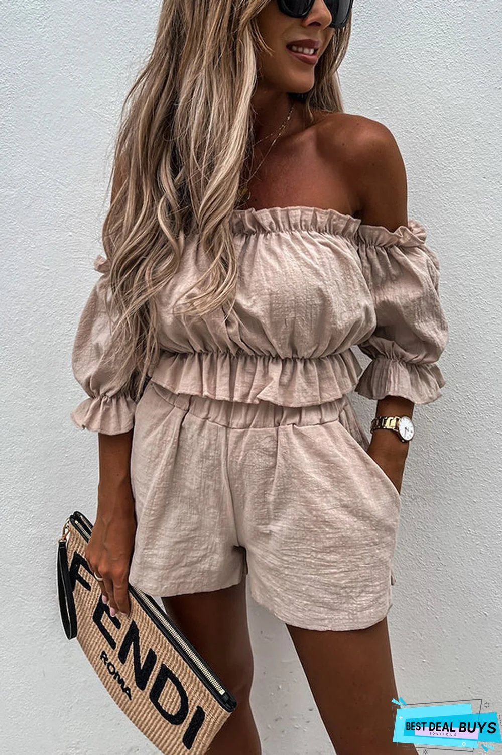 Unique Summer Off Shoulder Linen Shorts Suit