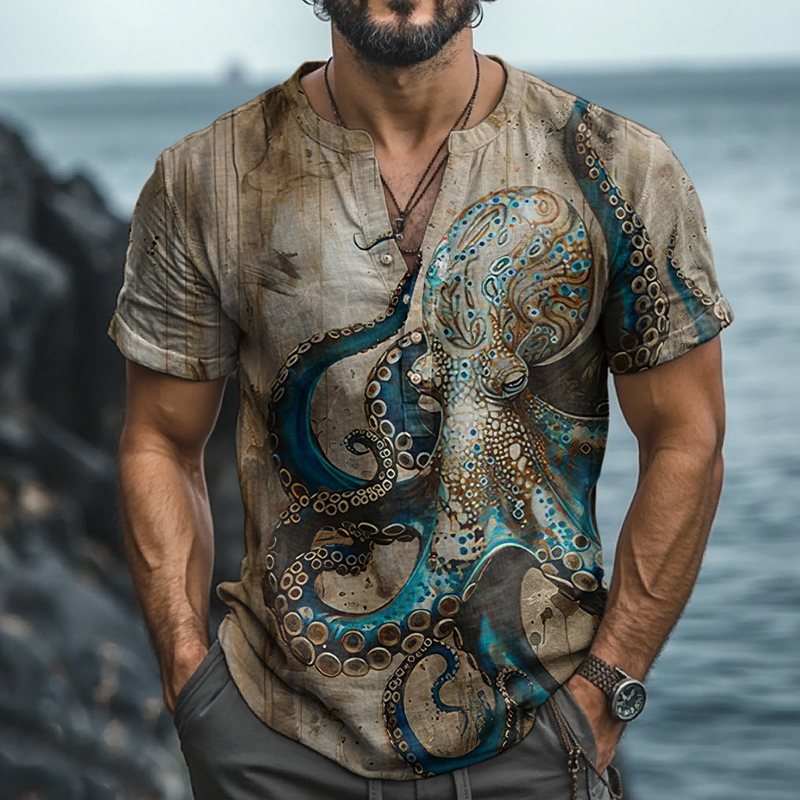Comstylish Vintage Octopus Art Print Casual Shirt