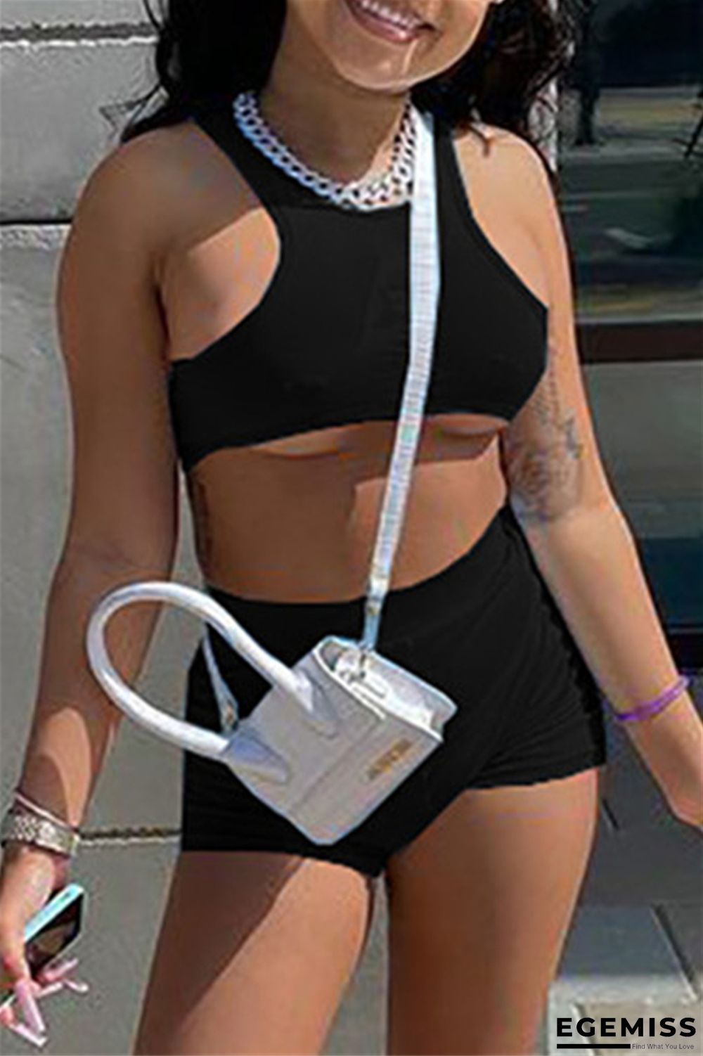 Black Casual Sportswear Solid Basic O Neck Sleeveless Two Pieces | EGEMISS