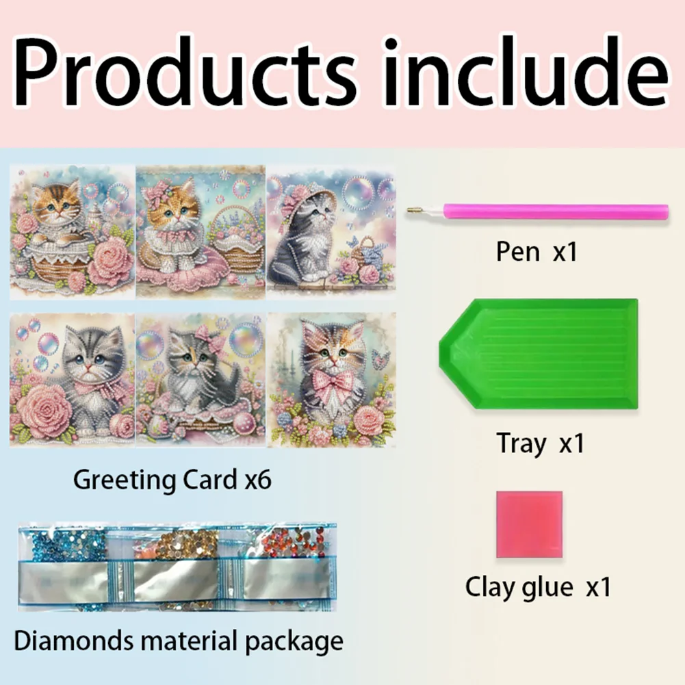 6Pcs 5D DIY Cat Diamond Painting Greeting Card Craft for Friend Family Lover
