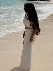 Eslicerpro Knitted 3D Crochet Flower Skirt Sets For Women 2Pcs Halter Backless Crop Tops Elegant Women's Set Split Bodycon Sexy Beach Skirt