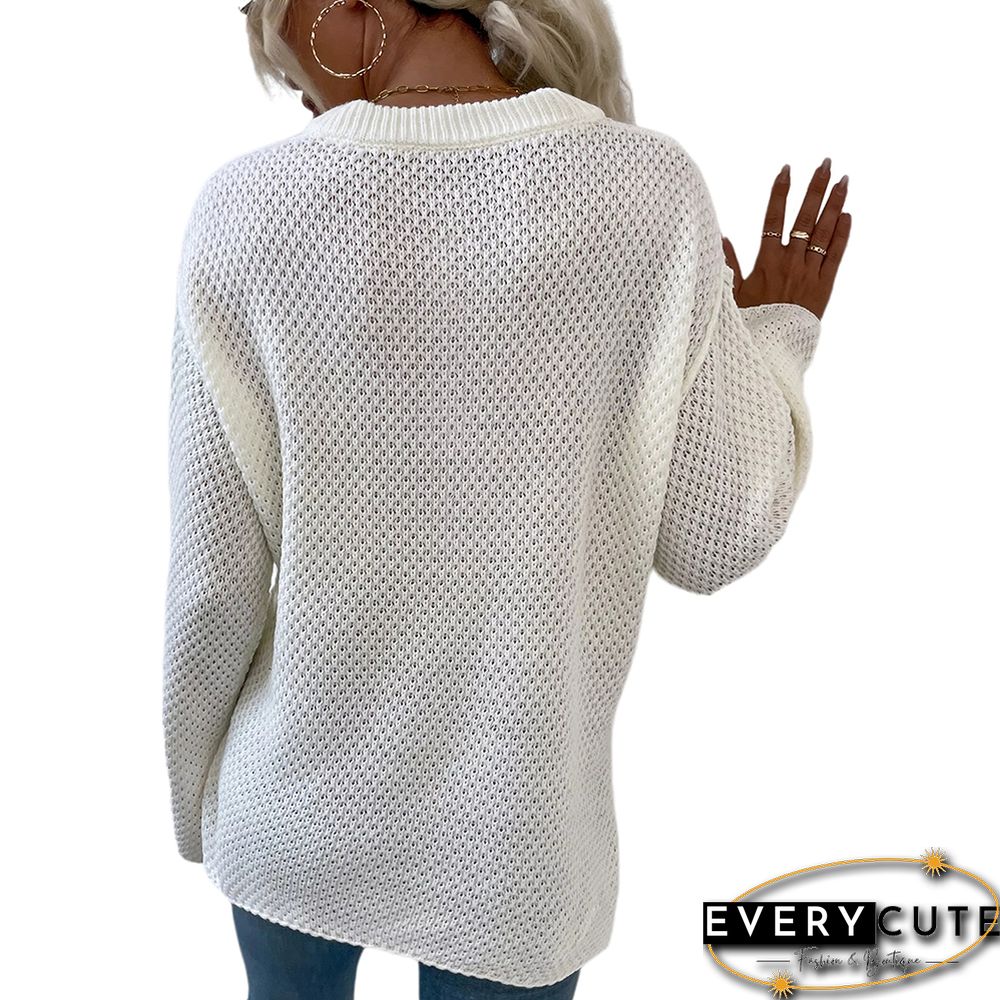 Beige Button-up Crew Neck Drop Shoulder Knit Sweater