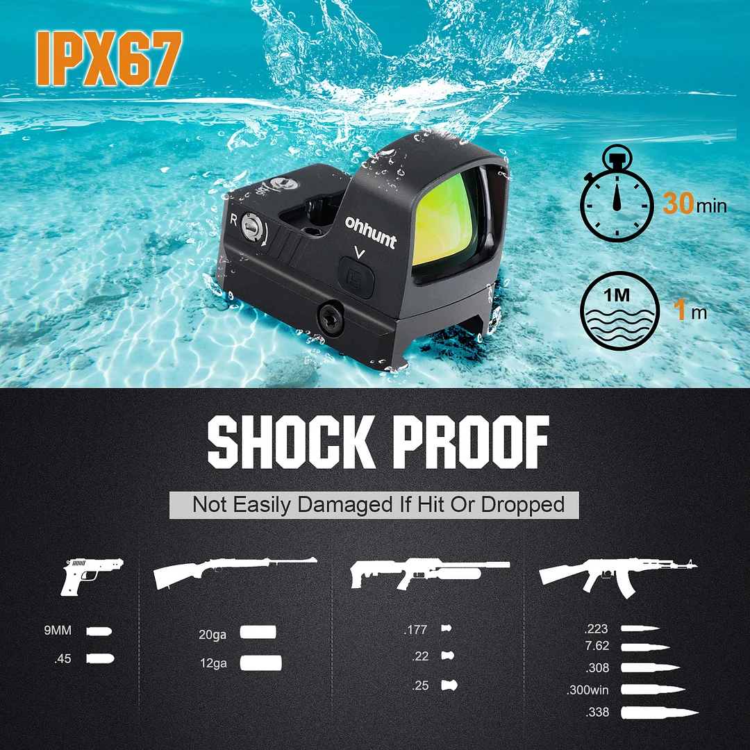 ohhunt® 1x24x20mm Red Dot Sight 3 MOA Reflex Sight Pistol Red Dot Scope with 21mm Picatinny Rail Mounts 10 Brightness Settings Shake Awake IPX67 Waterproof
