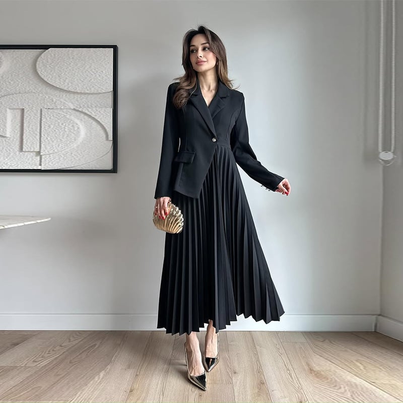 Irregular Long Sleeve Waist Pleated Dress main image 0