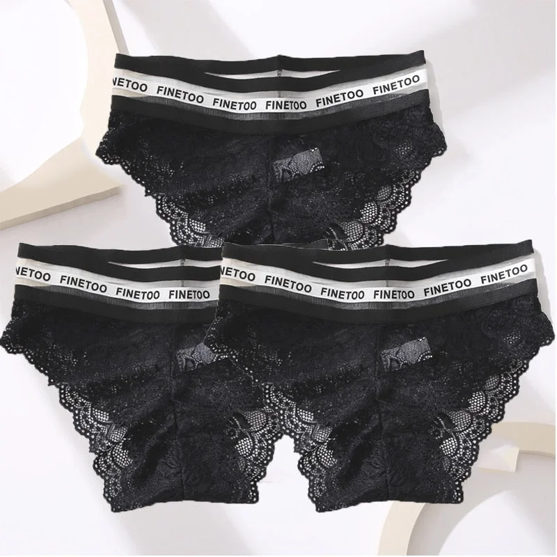 3PCS/Set Lace Sexy Women's Panties Finetoo Mid-waist Temptation Transparent Hollow Out Underwear Female Underpants Briefs L-XXL