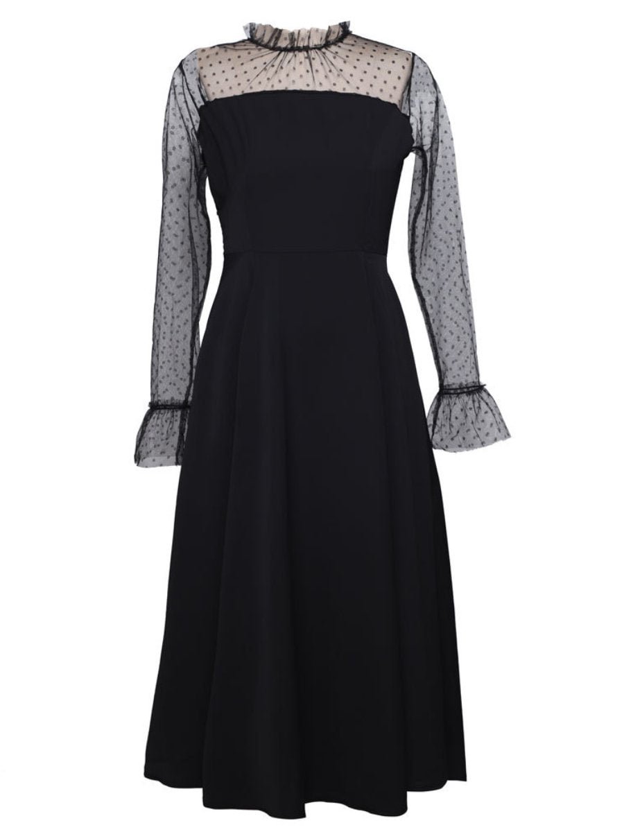Black Prom Dress for Women Mesh Pitchwork Hollow Long Sleeve Dress