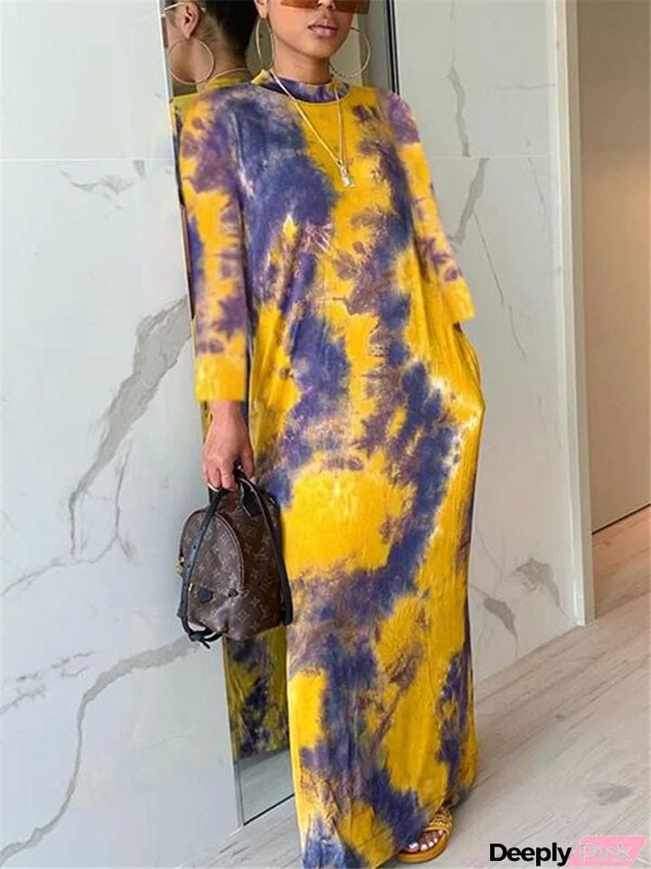 Trendy High Neck Long Sleeve Tie-Dye Pocket  Maxi Dress