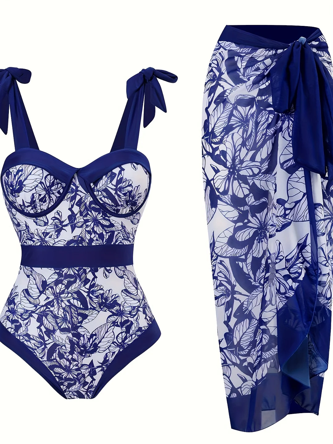 Ladies' High-Elasticity Two-Piece Orchid Print Swimsuit Set, Retro Design, And Figure-Hugging, Fabric, Detachable Filling, All-Season Beach Wear | IFYHOME