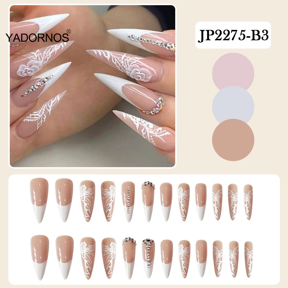Agreedl Nails Set Press On Nails 24pcs Rose Print Fakes Nails Long Pointed Head Artificial Nails Finished Nail Piece Jelly Gel