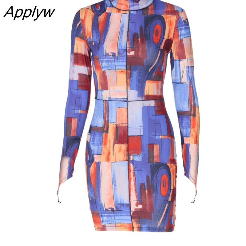 Applyw Women Fashion Autumn Long Sleeve Patchwork Bodycon Printed Package Hip Mini Short Dress 2021 Female Clothing Streetwear