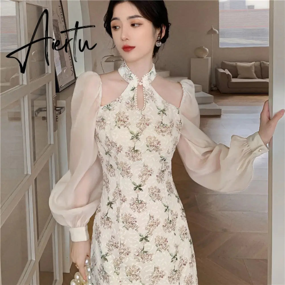Vintage Elegant Cheongsam Dress Women Floral Embroidery Design Fairy Party Dress Female Spring Autumn Retro Long Split Dress Aiertu