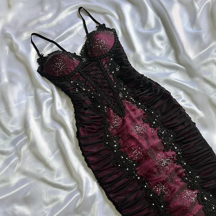 Berry pink stunning vintage fashion pleated mesh midi length elegant lace ball gown evening dress birthday party dress prom dress
