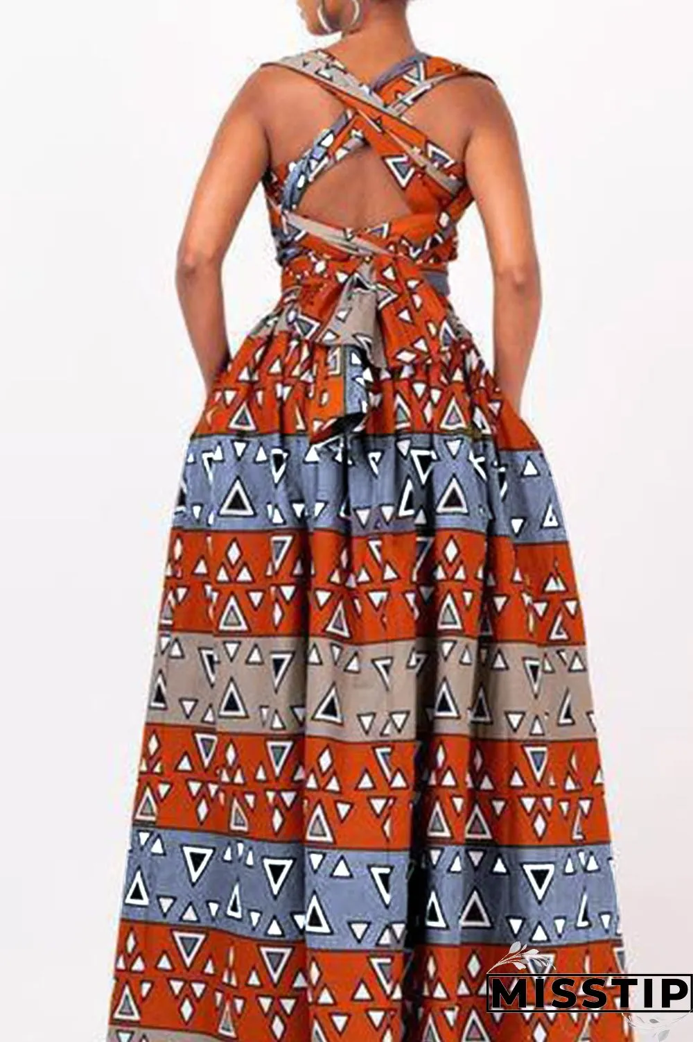 Brick Red Vintage Elegant Print Bandage Patchwork Asymmetrical Collar A Line Dresses