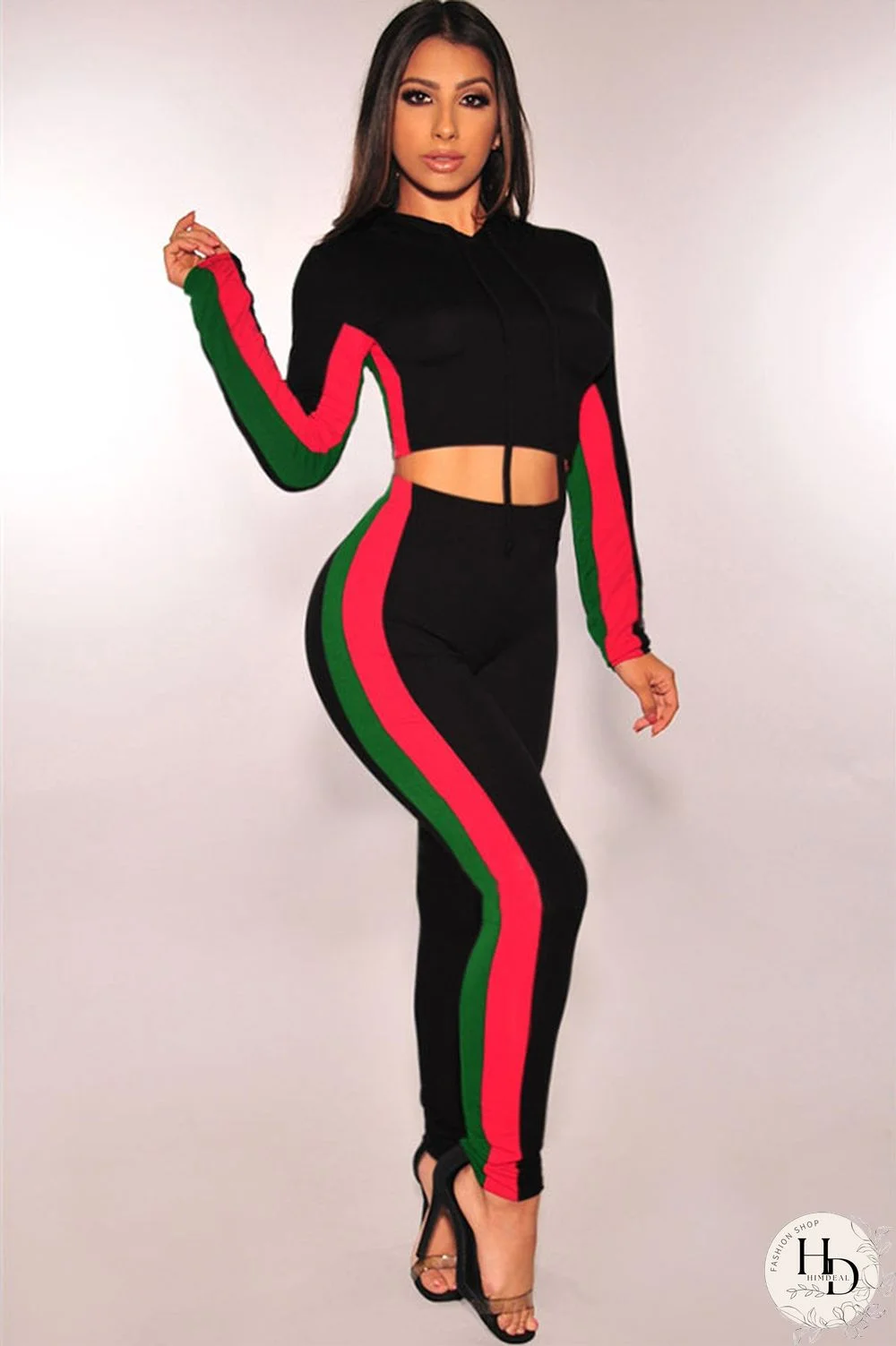 Army Green Long Sleeve Patchwork Pants Two-piece suit