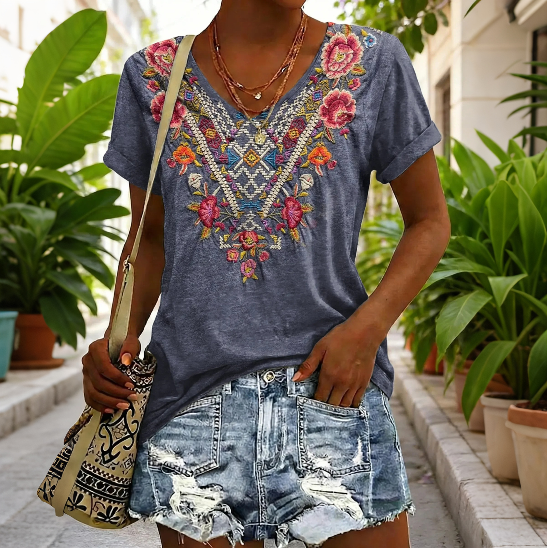 Women's Floral Print Art Print Casual V-neck T-shirt elevenforest