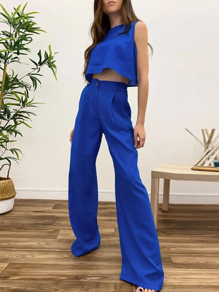 Women Summer Long Solid Pants Sports Tracksuit Casual Sleeveless Round Neck Vest Top + High Waist Wide Legs Trouser Suits 2Pc