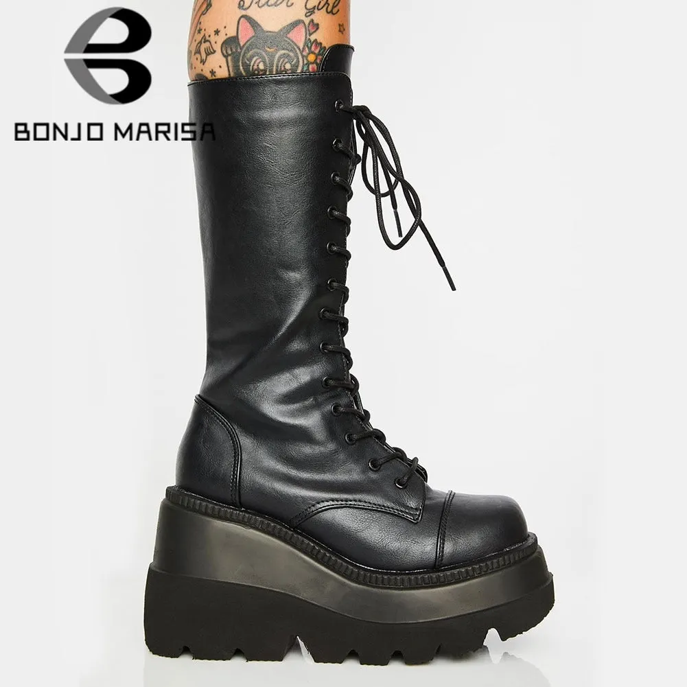 BONJOMARISA Big Size 43 Dropship lady  mid calf boots platform luxury brand women boots 2020 autumn winter wedges shoes woman