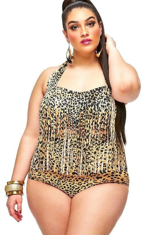 Plus Size Leopard Fringed Trim Bandeau Bikini - Two Piece Swimsuit-elleschic