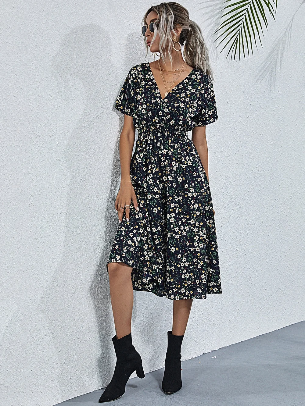 Abebey Back To School Fashion Printed V Neck Casual Loose High Waist Short Sleeve Floral  Summer For Women's Dresses 2023 Woman Vacation Dresses