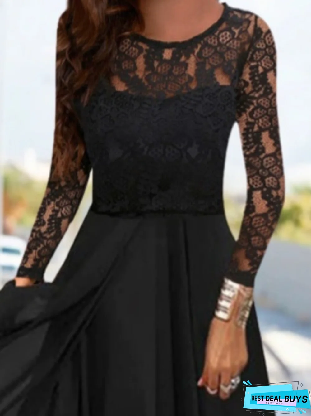 Plain Lace Long Sleeve Crew Neck Party Dress