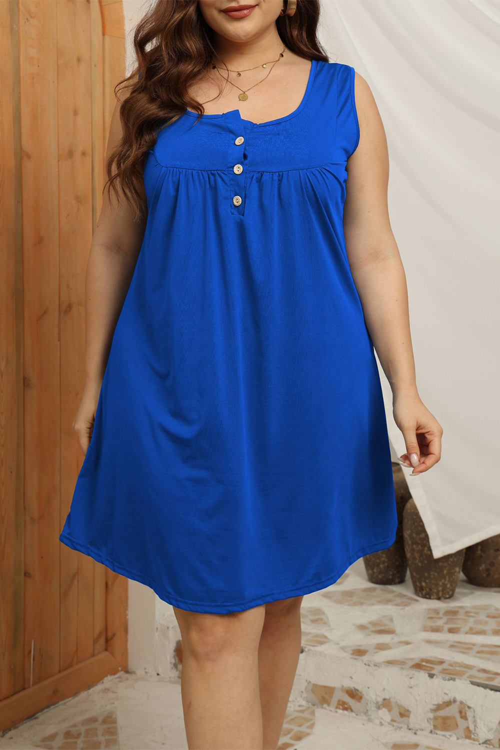 Plus Size Casual Royal Blue Button Sleeveless Midi Dress 2024 - Flycurvy 