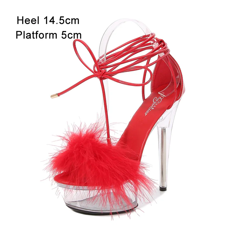 Qengg Shuzumiao Women's Sandals 2021 Summer New Waterproof Platform Transparent Fur High Heels Cross Straps Thin Heel Pole Dance Shoes