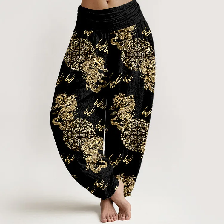 Cotton Double Dragon Cloud Pattern Women's Elastic Waist Harem Pants