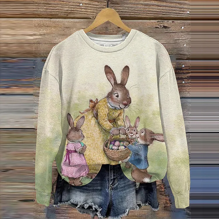 VChics Easter Bunny Print Crew Neck Sweatshirt