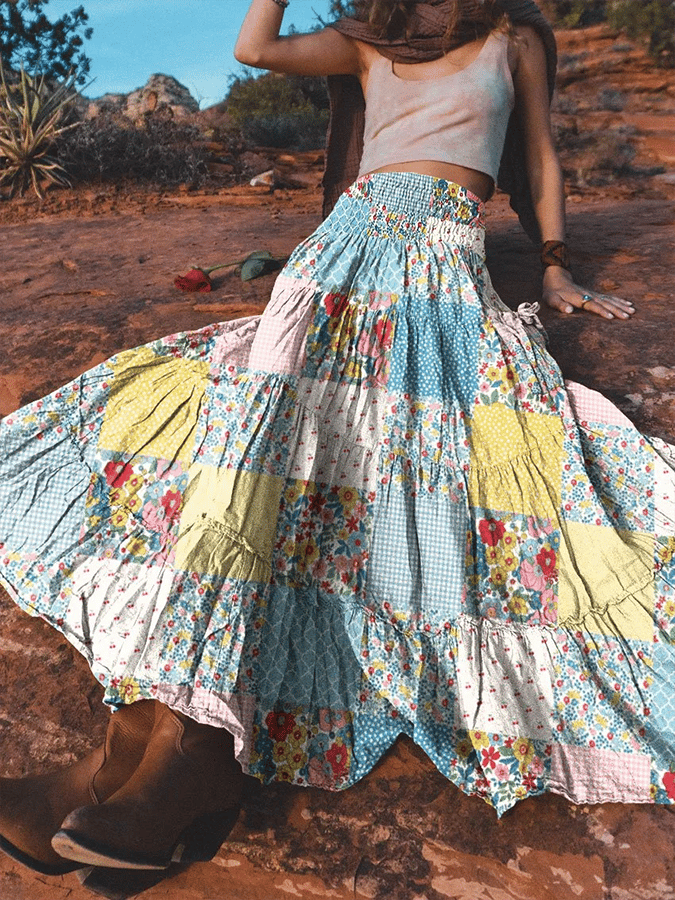 Women's Vintage Multicolor Floral Pattern Art Print Cotton Pocket Skirt