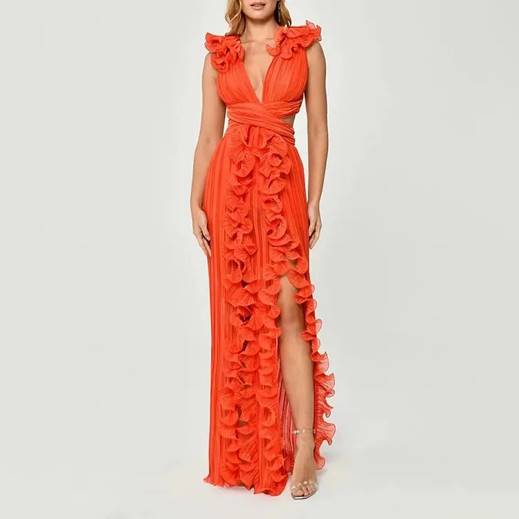 Elegant & Sexy V-Neck Ruffled Backless Maxi Split Dress