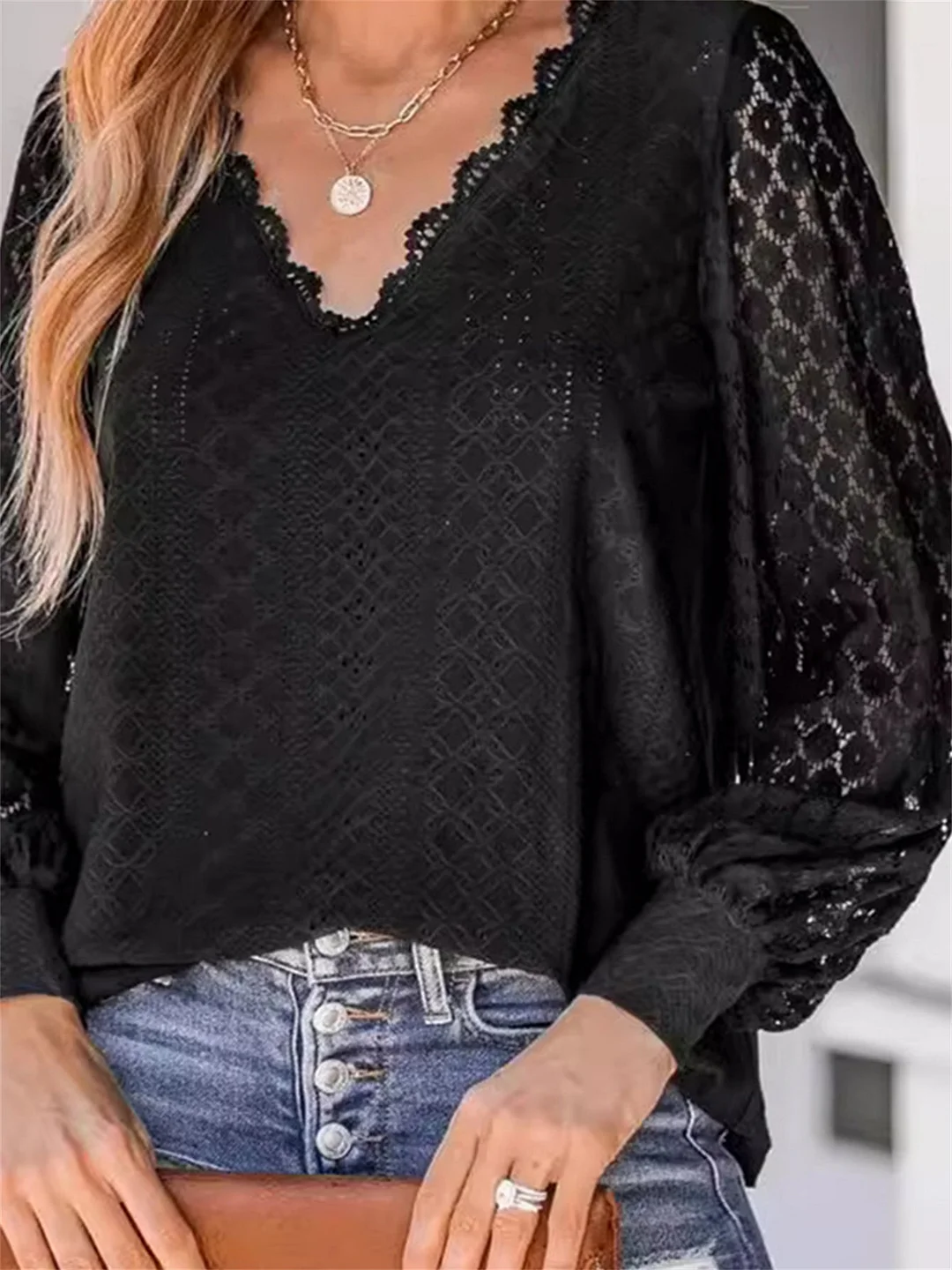 Women Long Sleeve V-neck Solid Color Lace Tops