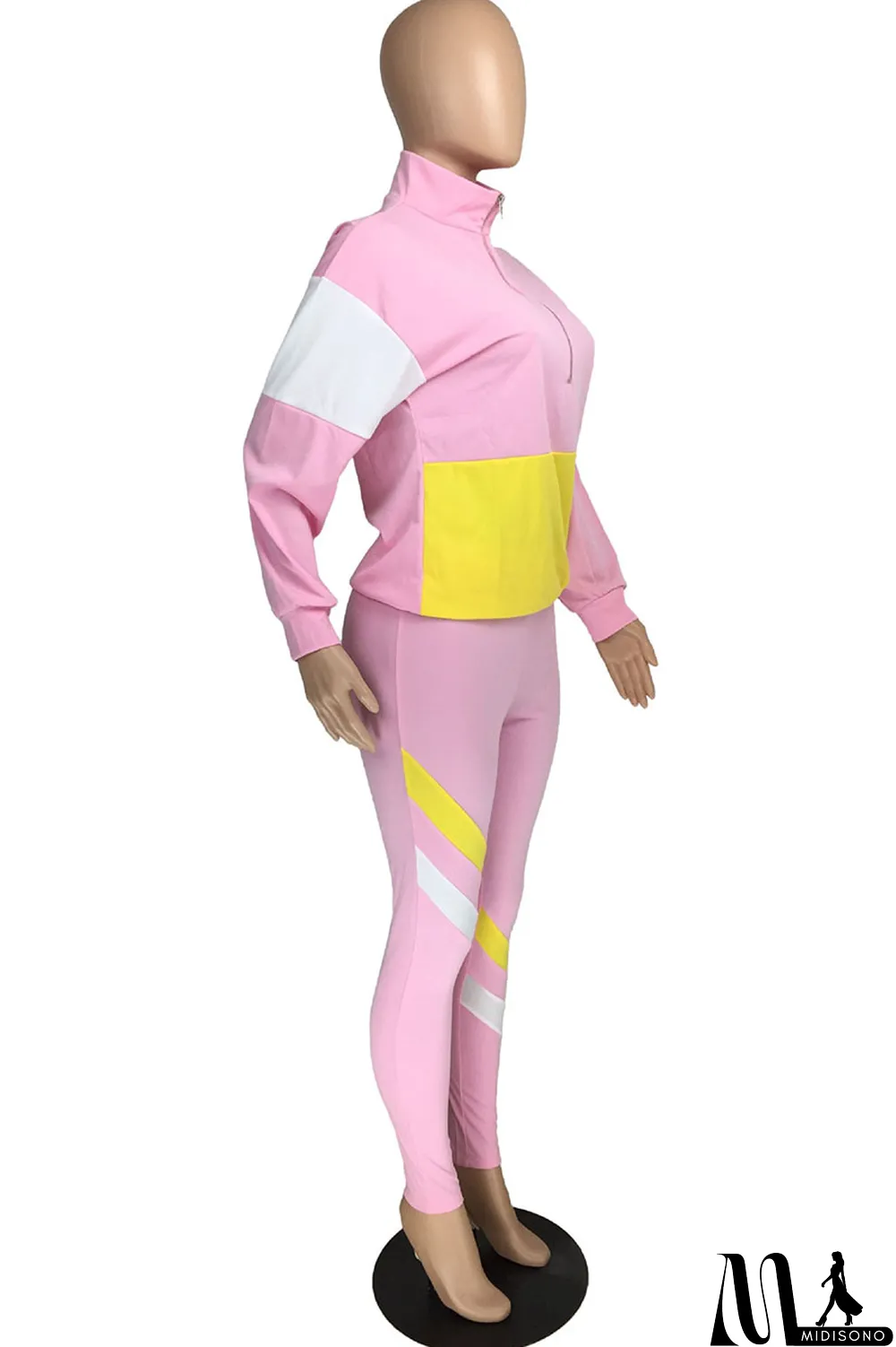 MidiSono - Fluorescent green Casual Striped Print Zippered Split Joint Mandarin Collar Long Sleeve Two Pieces