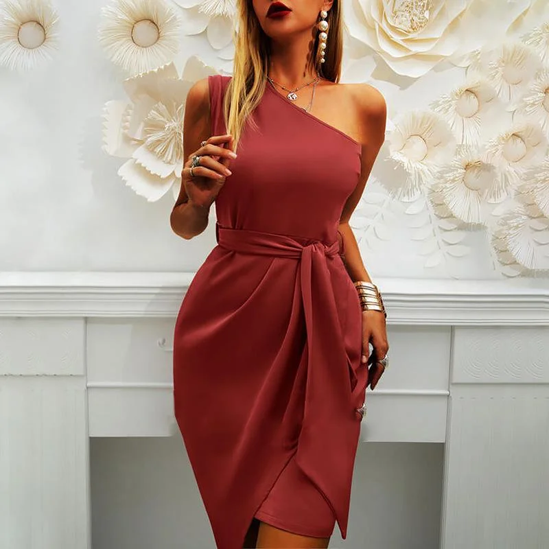 Solid Sleeveless Diagonal Shoulder Irregular Party Dress Dress-JRSEE