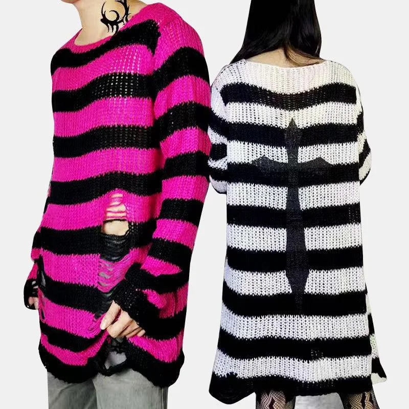 Punk Striped Cross Spider Couple Sweater